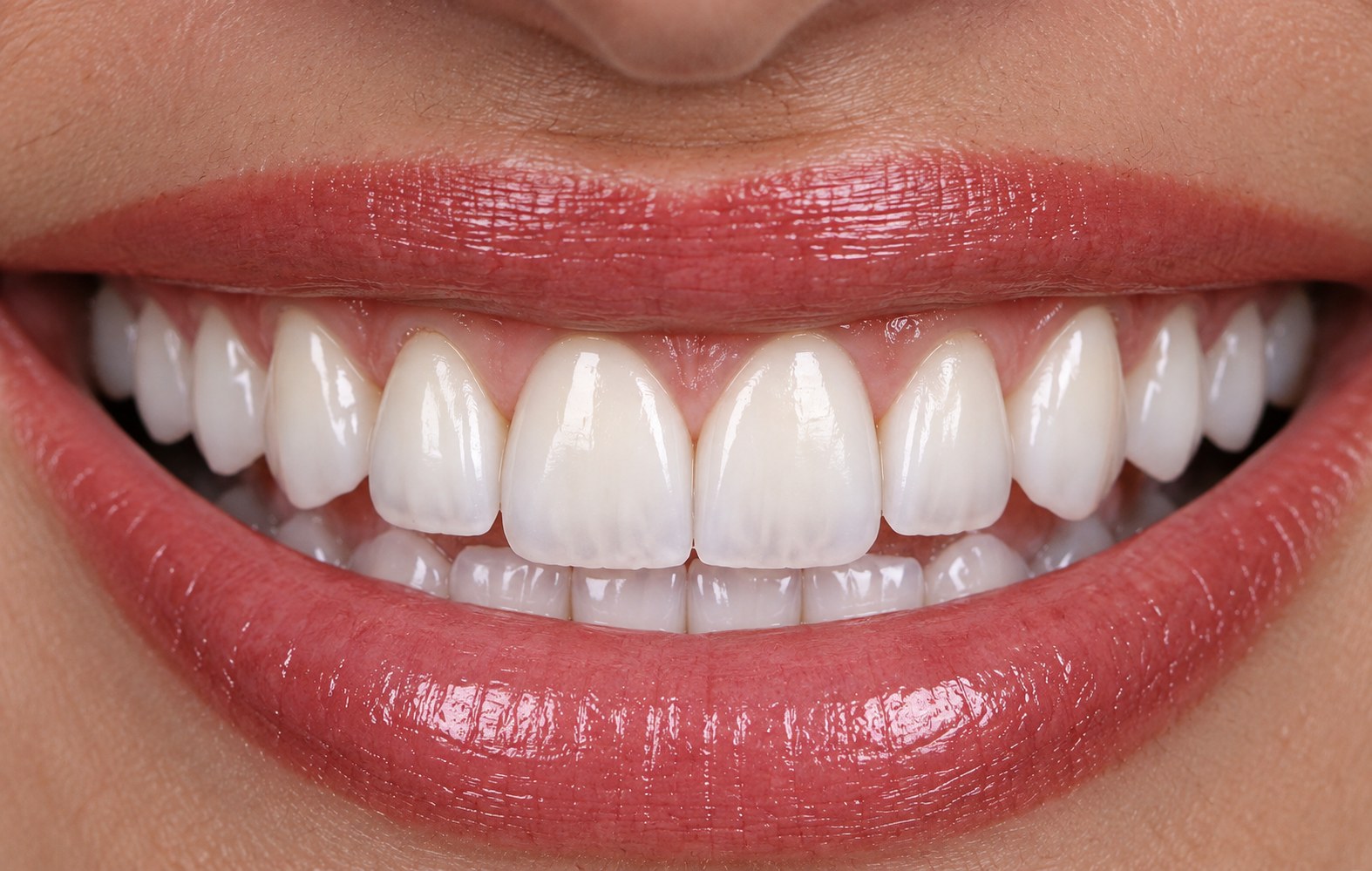 Frontal view of a natural porcelain smile showing translucency and surface texture