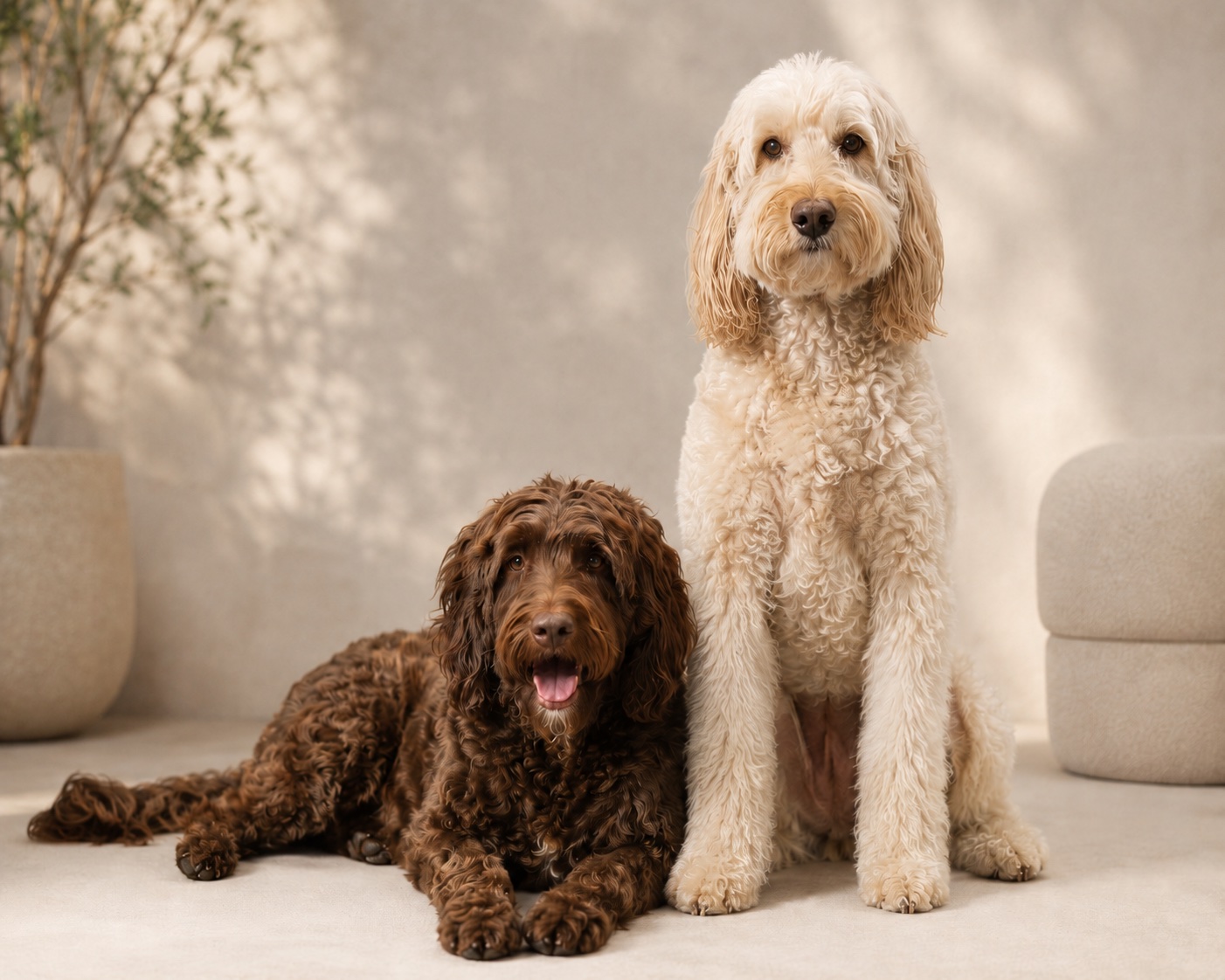 Softie and Parker, the therapy dogs at Linden Dental Care, side by side on a soft neutral studio background