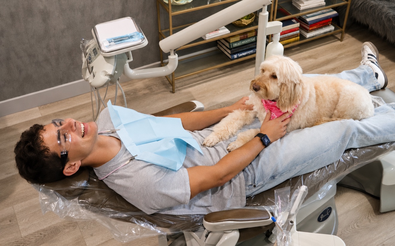 Softie offering quiet companionship to a patient at Linden Dental Care