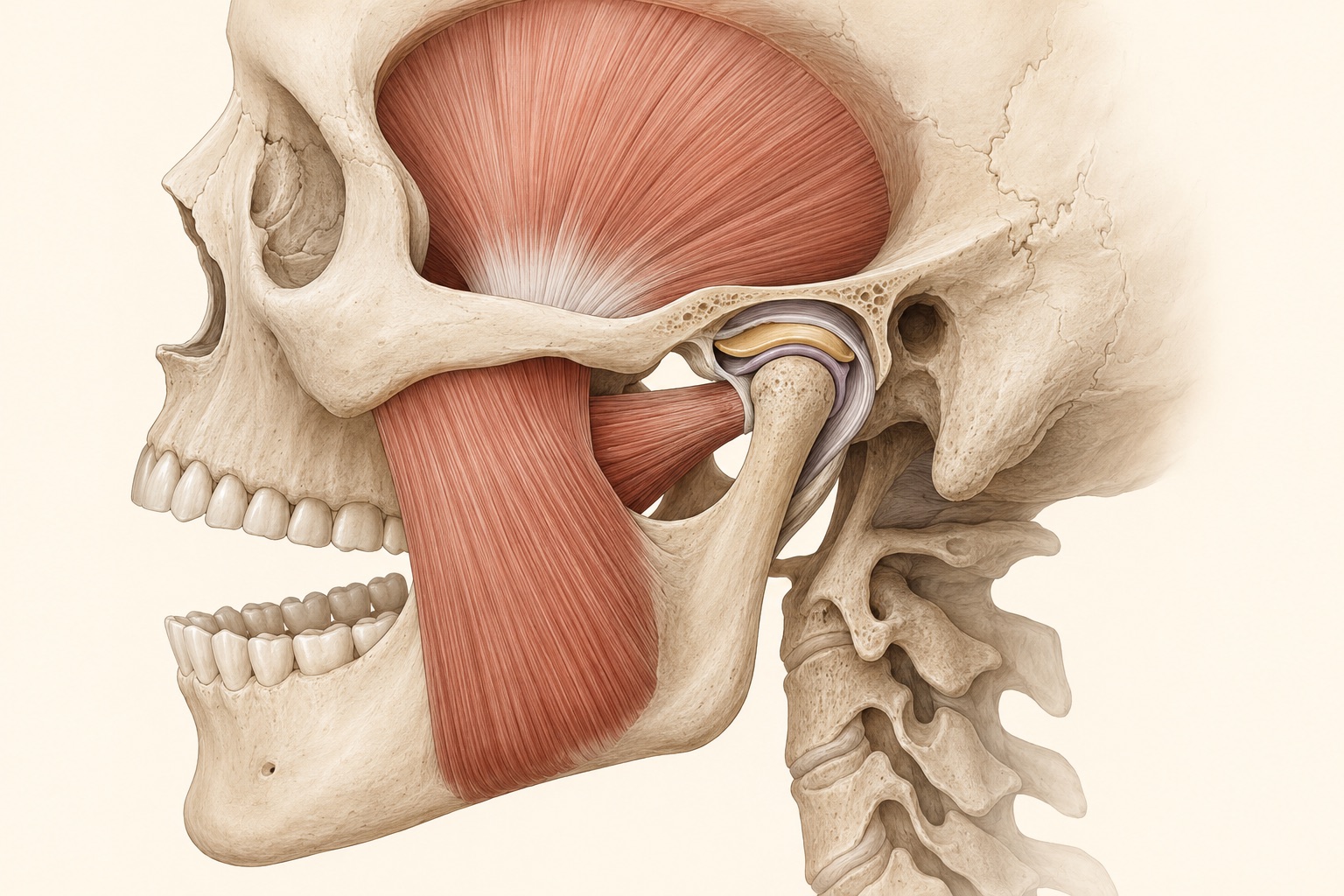 Lateral clinical illustration of the temporomandibular joint showing the articular disc, mandibular condyle, temporalis, masseter, and lateral pterygoid muscles.